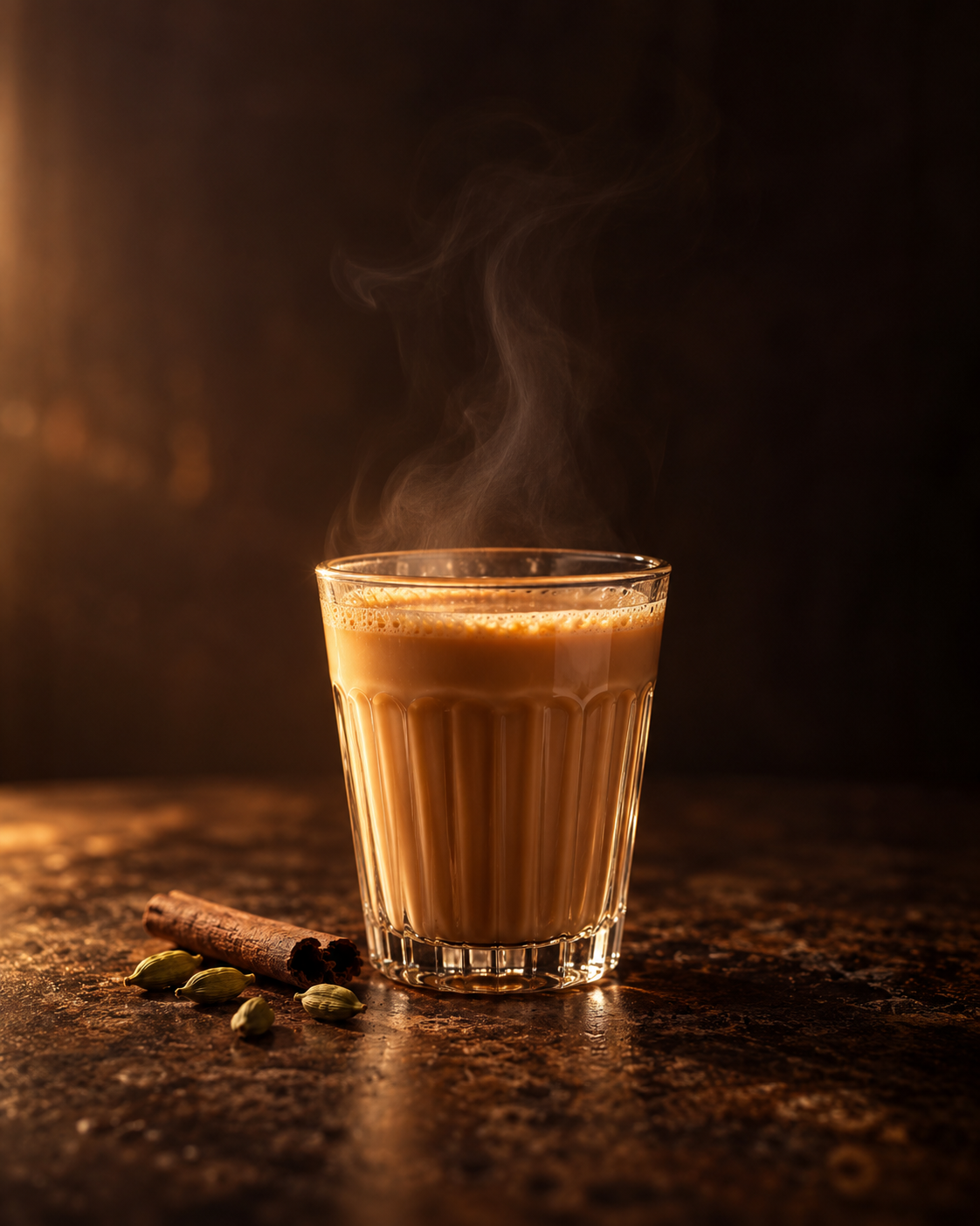 Serving suggestion: steaming karak chai in a fluted glass with cardamom and cinnamon
